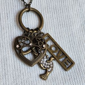 Designer Brass Colored Hearts Dove & Love Pendants Lobster Claw Clasp Necklace